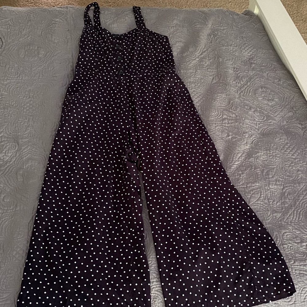 LOFT Navy & White Polka Dot Cropped Wide-leg Jumpsuit